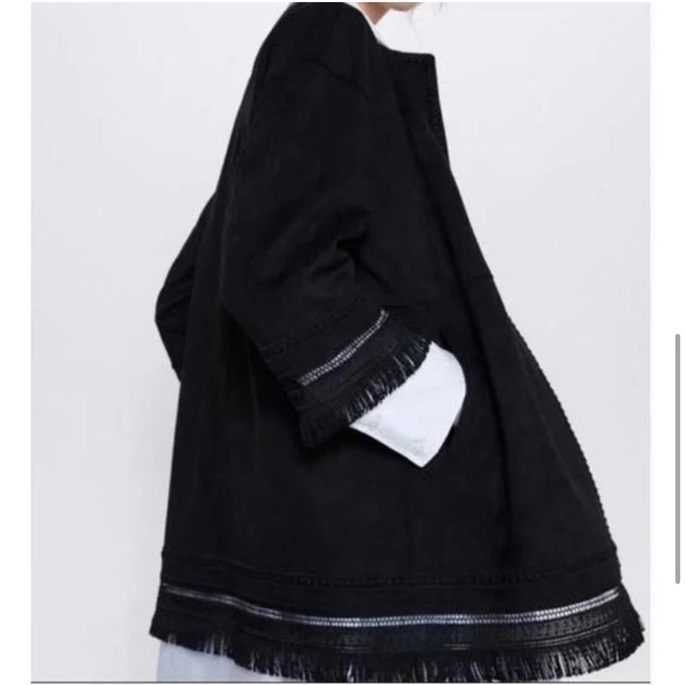 ZARA Faux Suede Fringed Trim Boho Jacket in Black Medium Women’s Festival - Picture 7 of 15